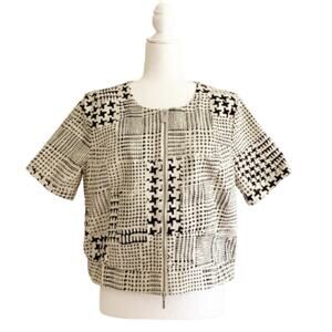 CAbi Jacket Black Cream Houndstooth Short Sleeve Zip Front Top Medium NWOT